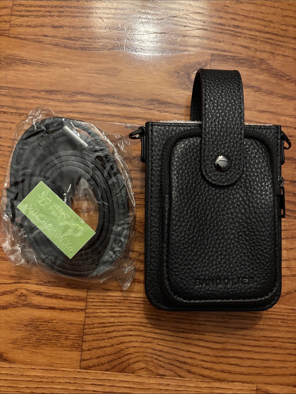 Bandolier Black Pebbled Leather Crossbody Phone Pouch with Strap